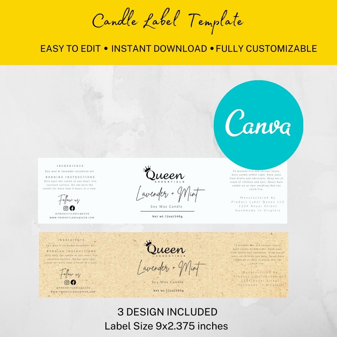 Candle Label Wrap Around Canva Label Template, 9x2.375
